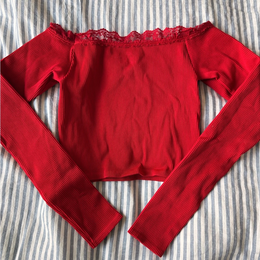 Out From Under Urban Outfitters Off the Shoulder Red Long Sleeve Top with Lace